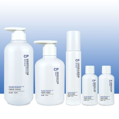 Imballaggio per la cura della pelle in PET blu personalizzato Set di bottiglie Press Pump Bottle Crema Bottelli di plastica Cosmetici Set